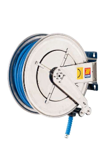 Water hose reels- corrosion resistant 304 stainless, swivel, food safe use, wash down processes, processes, manufacturing plants, chemical safe use. 